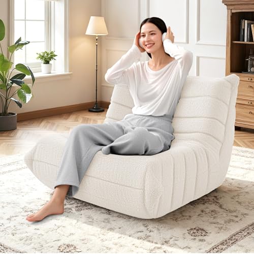 Image of HABUTWAY Bean Bag Chairs Fireside Lazy Floor Sofa,Single,Beige | Soft Teddy Fleece Bean Bag Sofa with High-Resilience Foam Filling,Beanbag for Living Room, Bedroom, Office
