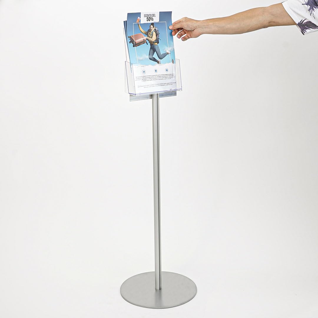 Danieli - Porta Depliant da Terra in Acrilico Trasparente A4 con 1 tasca, per Riviste e Brochure. Porta Volantini Resistente da Utilizzare come Espositore per Ufficio e Negozi. (Alluminio Silver)