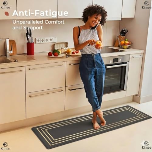 Image of KIMEE Kitchen Runner Mat (40x120 and 40x60cm) - Elegant Gold line Anti-Fatigue Floor Rug, Non-Slip Rubber Backing, Waterproof & Washable Heavy Duty Dirt Trapper for Home, Kitchen, and Hallways