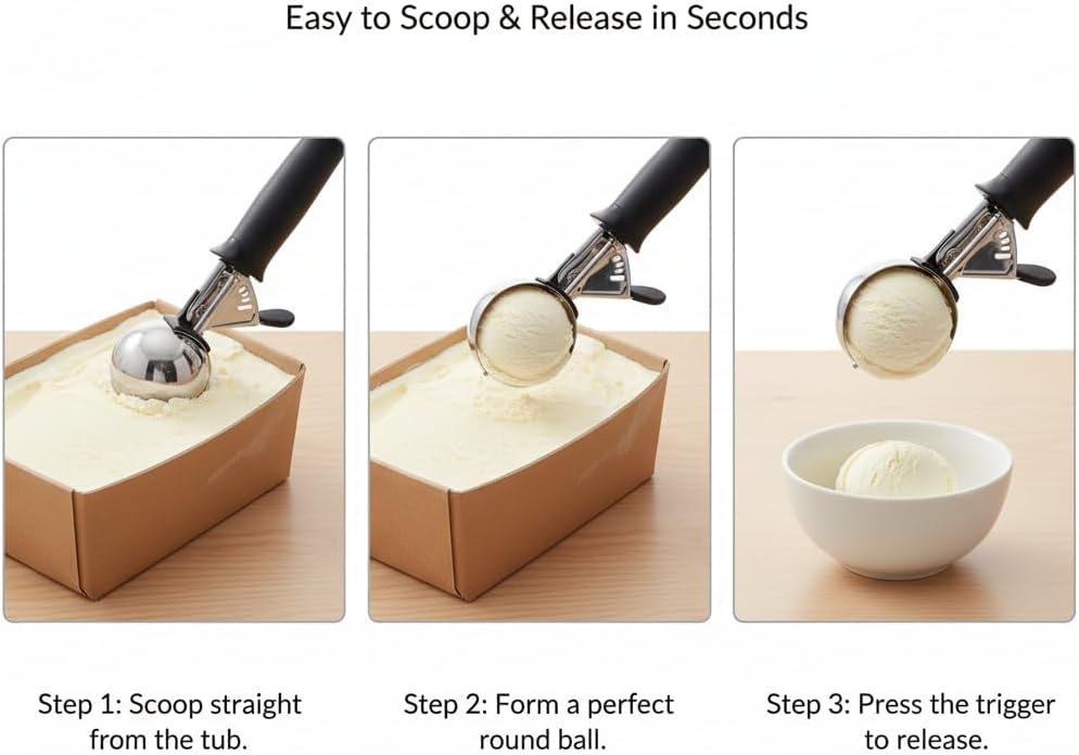 Stainless Steel Ice Cream Scoop with Trigger, 4.5 oz (130ml) Cookie & Dough Scooper, Black Ergonomic Handle for Easy Scooping and Release