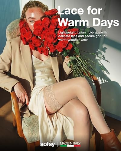 Image of sofsy 100% OEKO-TEX Certified - Italian Women's Opaque Thigh High Stockings | Ultra Soft Dual Silicone Lace Top Stay Ups