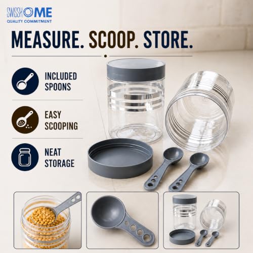 Image of SwissHome Kitchen Storage Containers Set with Spoons, Airtight Food Grade Storage Jars, Transparent Pantry Containers for Rice, Pulses, Dry Fruits, Pasta & Spices (Grey 12 Pcs)