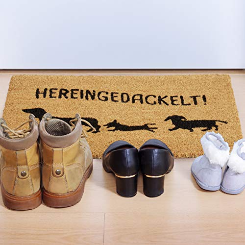 Relaxdays Fußmatte Kokos 'Hereingedackelt', Kokosmatte Hundemotiv, Türmatte Innen & Außen, Türvorleger 40x60 cm, natur, 1 Stück