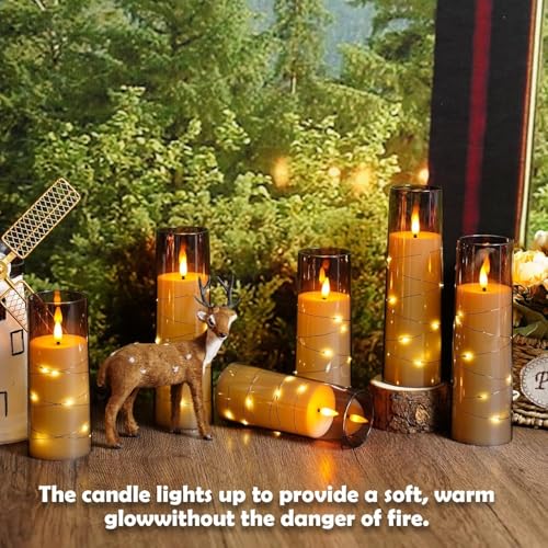 Image of LTETTES Acrylic Fiber Glass Led Candles Set of 12 | Embedded Star String Lights | Flickring Wick | 2 AA Battrey Operated with Remote | Home Decor & Festival | H 5.5'', 6.5'', 7.5'' x D 2.3'' | Grey