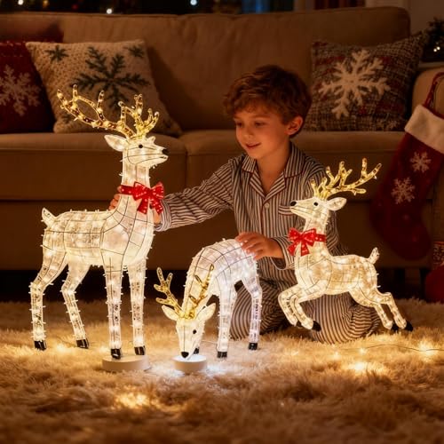Wuyooprt 3 Pièces Cerf Lumineux Noel, Renne de Noël Lumineux avec Lumières LED, Décoration Noël Exterieur, Renne de Noel Exterieur pour la Maison, la Cour et Le Jardin, Intérieur Extérieur