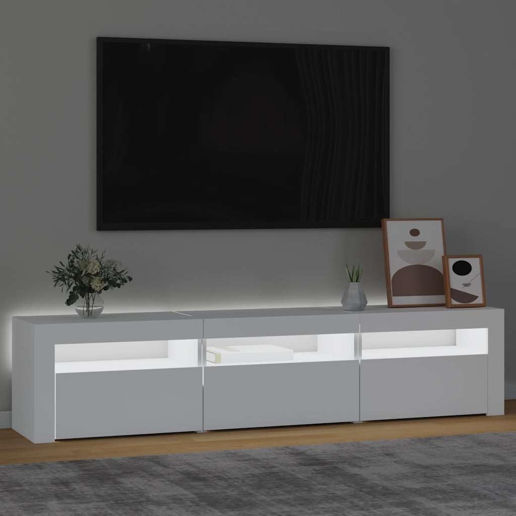 Mueble de TV de Madera con Luces LED RGB, Gran Espacio de Almacenamiento, Adecuado para Salón y Dormitorio, Diseño Moderno, Color Blanco, 180 x 35 x 40 cm