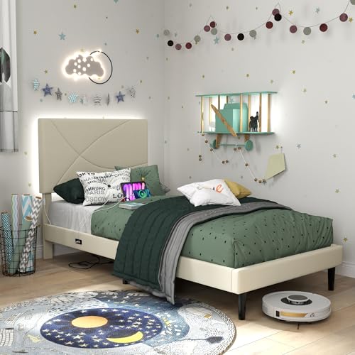 El Mejor Listado de Base para Cama Individual Con Cajones - los más vendidos. 46 Cama Individual, 195*99cm Base Twim con Cargador USB Type C & Tiras de luces LED multicolor para habitación individual, Base Tapizada Beige con Respaldo, Estructura de Cama Para...