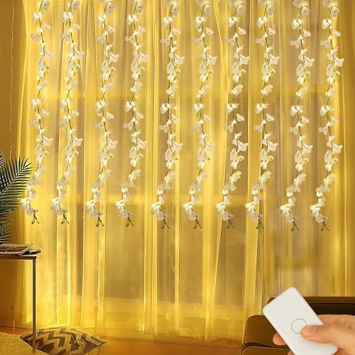 Image of Gesto White Artificial Flower Curtain LED String Lights - 200 LED Warm White Fairy Lights with 8 Modes | AC Plug Mesh Curtain Lights for Balcony,Bedroom,Home,Diwali Decoration Hanging Lights (10x3 Ft)