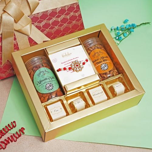Image of Velvet Fine Chocolates Ribbon of Love Sweets Box | Assorted Chocolates & Kundan Rakhi Combo | Perfect for Rakshabandhan | Pack of 1