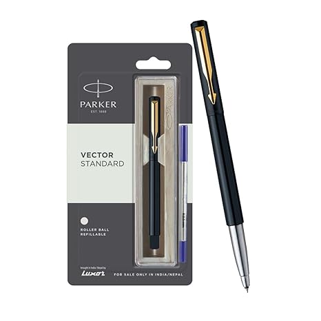 Parker Vector Standard Gold Trim Roller Ball Pen | Ink Color - Blue | Black Body Color | Ergonomic Design | Built for long writing sessions
