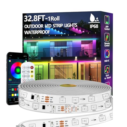 httpsmp 32.8FT Outdoor LED Strip Light Waterproof,IP68 Outside RGB+IC Light Strip with App/Remote Control,Chase Mode,Music Sync Rope Light for Balcony,Deck,Rooftop,Garden,Pool