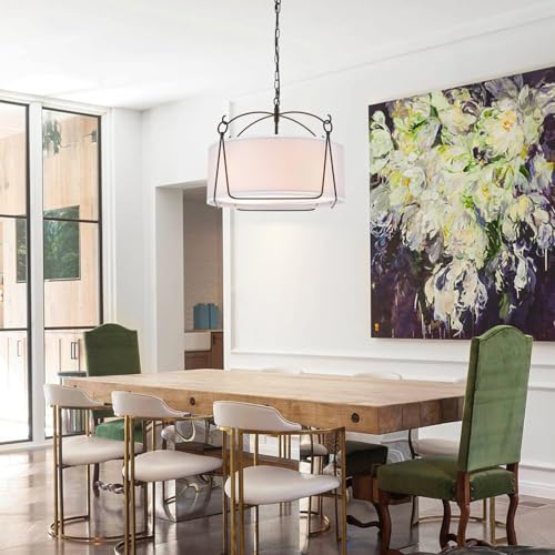 4 Light Modern Layered Fabric Dining Room Light Fixtures Over Table 20.5 Drum Chandelier for Dining room, Living room, Bedroom, Kitchen or Foyer. Black Drum Pendant Light with Adjustable Height