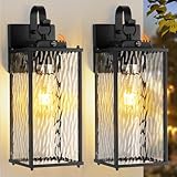 Sparluvix 2-Pack Dusk to Dawn Outdoor Lighting with Water Ripple Glass, IP65 Waterproof Matte Black Front Porch Lights Photocell Sensor Exterior Light Fixtures Outdoor Wall Sconces Coach Lights