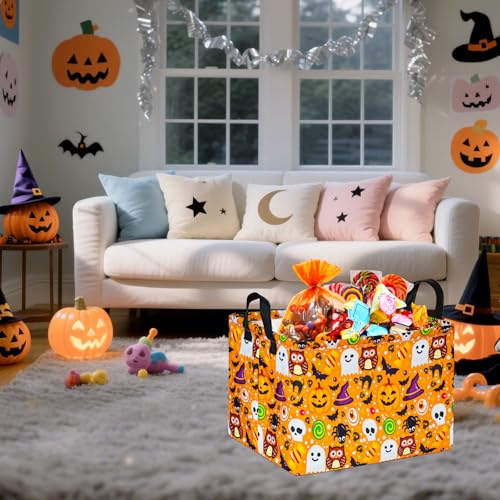 Image of Happy Halloween Ghost Storage Basket Gift Laundry Bins Collapsible Storage Baskets Box Laundry Nursery Hamper for Home and Office Decoration with Handles