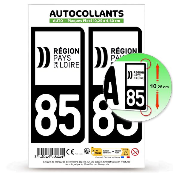 Autocollant Plaque Immatriculation 2 Stickers département 85 Vendée - Pays de la Loire II en Version Fond Noir : 10,25 x 4,6 cm (Plaque Plexi)