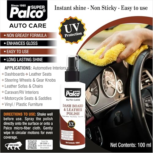 Image of PALCO Dashboard & Leather Polish 100ml with Sponge (Pack of 1) All in One Car Polish Spray Interior Cleaner, Restores Shine for Dashboard, Leather Seats & Panels Bike Polish for Shining