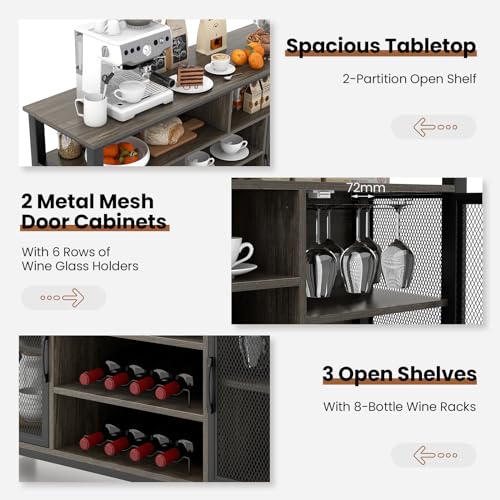 COSTWAY Kitchen Buffet Sideboard, 2-Door Wine Storage Cabinet with Wine Racks, Glass Holders & Shelves, Wooden Server for Dining Room (Grey & Black) - Image 4