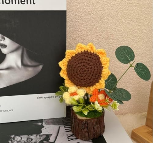 Image of VRB DecTM 1 Pcs Crochet Flowers Artificial Sunflower for Office Desk Car Dashboard Decor,Home Decoration, Office, Bedroom (Sunflower Artificial Plants with Pot Wodden - 1 Pcs)