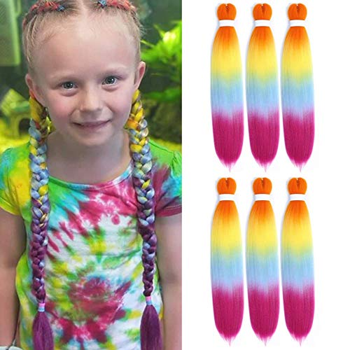 Aigemei Ombre Synthetic Pre-stretched Braiding Hair Hot Water Setting Synthetic Fiber Crochet Hair Extension 6 packs 24 Inch (Rainbow Color)