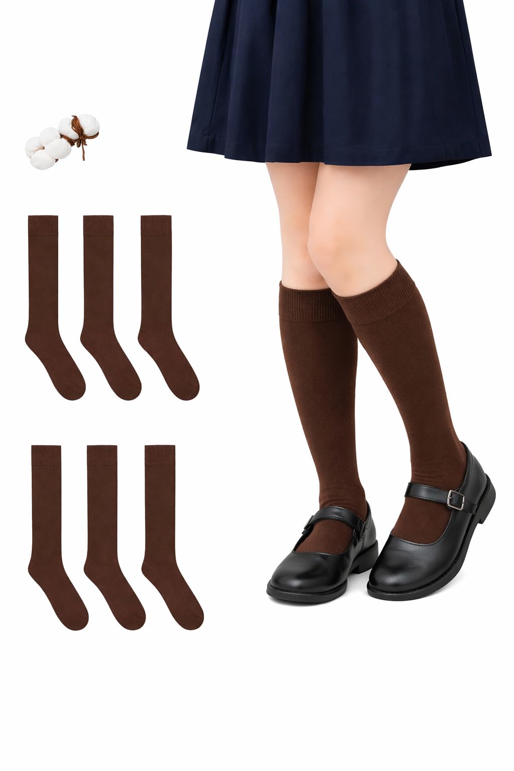 CYS Calcetines 6 Pares De Colegio Escolares Medias Largos Altos Algodón Hasta rodillas Lisos Para Niñas Niños Infantiles Uniformes Unisex — view 10