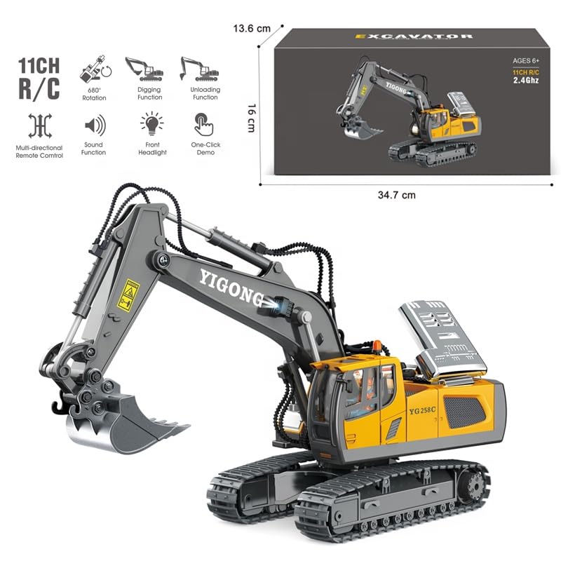 Image of RC JCB Toy Excavator for Kids - 1:20 11-Channel Metal Remote Control Construction Vehicle with Lights, Sounds & 680 Rotation Yellow Digger Truck (Ages 6-12)