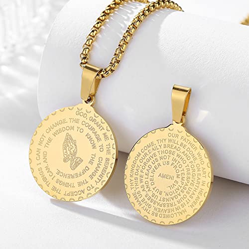 Serenity Prayer Necklace with Praying Hands Coin Pendant for Men Women Lords Prayer Bible Verse Courage Wisdom Stainless Steel 24 inches2