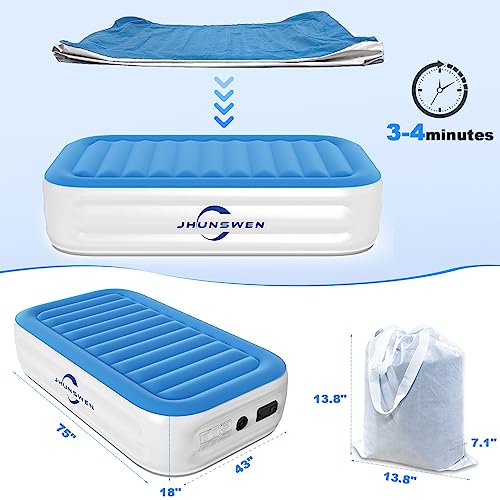 Twin Air Mattress With Built In Pump, Jhunswen 75 X 43 X 18" Double-High Durable Twin Inflatable Air Bed With Flocked Top, Quick Inflation/Deflation Blow Up Air Mattress For Camping, Travel & Guests #TOP4