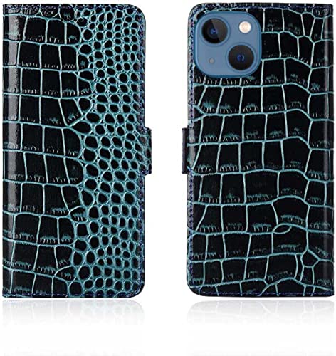 Housse cuir iPhone 14 Plus clapet magnétique bleu motif crocodile