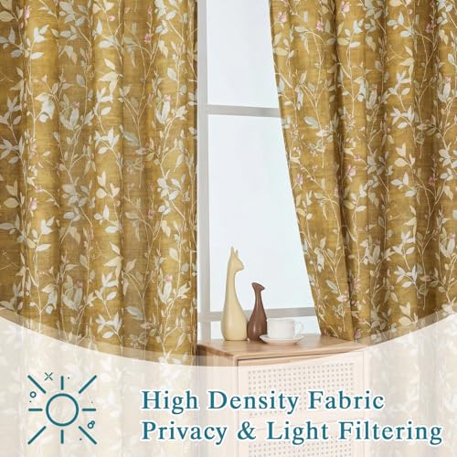 Image of Chyhomenyc Light Filtering 84 Inch Window Curtains - Linen Blend Floral Printed Curtains Drapes for Living Room, Soft Farmhouse Curtain for Bedroom, 52Wx84L Inch, 2 Panels, Gold