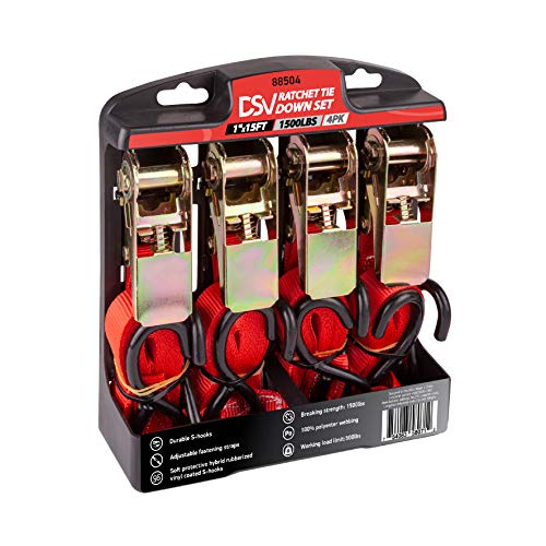 DSV Standard Ratchet Tie Down Straps - (4PK) 1  x 15  1500 LB Break Strength - Cargo Tow Straps with Padded Handle & Closed “S” Hook for Securing Appliances, Motorcycles, Ladders, Trailers