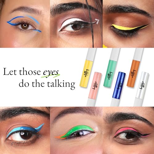 Image of Elitty 10 /10 Pop Colour Waterproof Liquid Eyeliner Combo (Pack of 10) | Matte Shades (Purple, Peach, Cyan Green, Yellow, Black) & Metallic Shades (Purple, Green, Pink, Silver, Rust) | Lasts Upto 12 Hrs | 4 ML Each