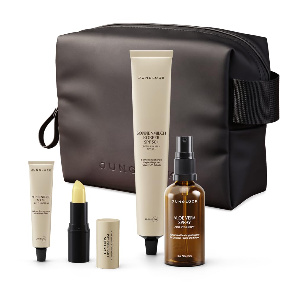 JUNGLÜCK Travel Set Sun & Care | Sonnenschutz Set SPF 50 für Gesicht, Körper & Lippen – Sonnenfluid, Sonnenmilch, Aloe Vera Spray & Hyaluron Lippenbalsam