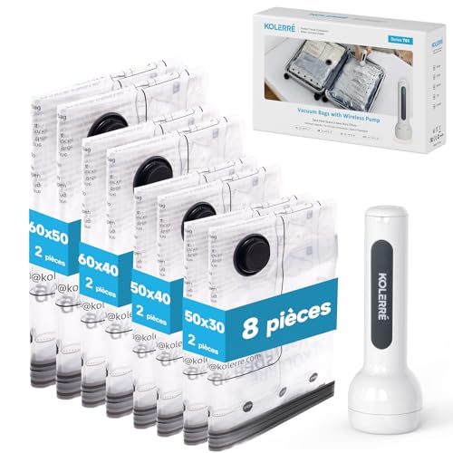Sacs de rangement sous vide avec pompe à vide sans fil rechargeable, 8 pièces en 4 tailles (60x50 cm, 60x40 cm, 50x40 cm, 50x30 cm), adaptés au rangement des vêtements et des valises