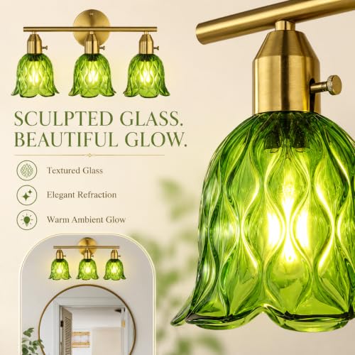Image of 3-Light Bathroom Light Fixtures, 17.9 inch Gold Vintage Vanity Lights with Clear Green Tulip Glass Shade, Bathroom Wall Lamp for Mirror Kitchen Living Room Hallway Cabinet Porch