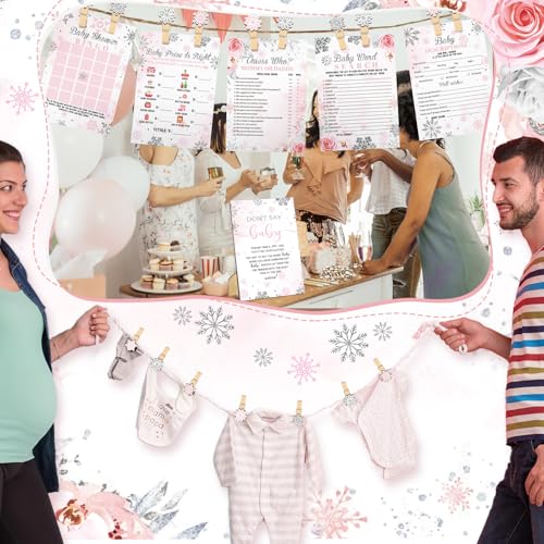 Image of Patelai 321 Pcs a Little Snowflake is on The Way Baby Shower Games Pink Snowflake It's Cold Outside Baby Shower Games Don't Say for Girl Winter Bingo Gender Reveal Party Home Decor Supplies