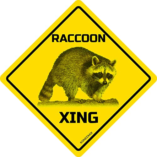 Image of Raccoon Xing Crossing Sign Funny Novelty Metal Tin Sign for Bar Club Country Home Coffee Shop Indoor& Outdoor Decor Yellow Street Sign 12X12inch | Fit for Bar Club Country Home Coffee Shop Wall Decor Indoor& Outdoor Use.
