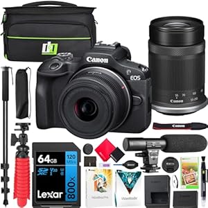 Canon EOS R100 Mirrorless Camera Body with 2 Lens Kit RF-S 18-45mm is STM and RF-S 55-210mm is STM Bundle with Deco Gear Photography Bag + Microphone + Monopod + Software & Accessories Kit