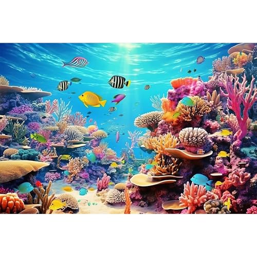 Image of Underwater Aquarium Background Under The Sea Paradise Tropical Fish and Coral Reef Terrarium Background Breathtaking Fish Groups Deep Ocean with Sunbeams Fish Tank Backdrop Aquatic Theme 30x18in