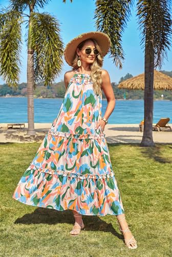 Image of GRACE KARIN 2026 Women's Floral Halter Maxi Dress Boho Summer Beach Sundress with Tiered Ruffle Skirt