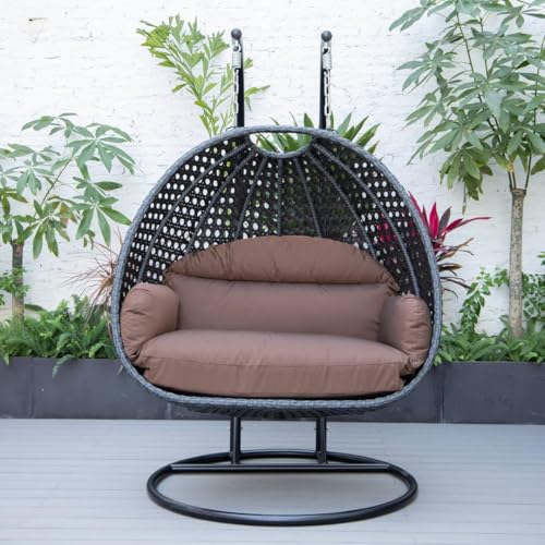 Image of Double Seater Hammock Swing Chair with Stand & Cushion | Heavy Duty Powder Coated Steel Frame | Outdoor Indoor Hanging Swing for Patio Balcony Garden Terrace Living Room (Grey-Brown)