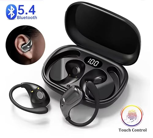 40 Heures Ecouteurs Bluetooth Open Ear Contrôle Tactile, Écouteurs Bluetooth sans Fil, Casque Bluetooth V6.0 HiFi Stéréo avec ENC Réduction Antibruit Mic, IPX7 Étanche Casque Sport pour fitness, Noir