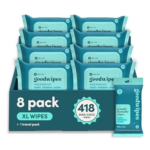 goodwipes Flushable Wipes Bulk Pack Shea-Coco Adult Wet Wipes for Women & Men Sewer & Septic Safe Toilet & Bathroom Essentials Extra Large 418 Count (8 Packs and 1 Travel Pack)