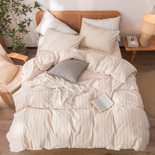 Image of BESTOUCH Striped Cotton Duvet Cover Set Linen Feel Alaska King | 100% Washed Cotton, Soft Wrinkle Texture, Hidden Zipper, 8 Ties, Breathable Lightweight Durable Comfy, 3 Pcs No Insert
