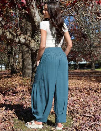 Image of TARSE Women's Linen Wide Leg Pants Baggy High Waist Palazzo Pants | Barrel Leg Fit, Harem Patch Pockets, Loose Casual Style, Breathable Fabric, Vacation Ready