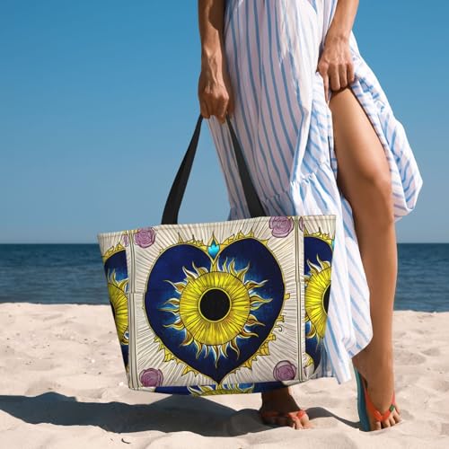 Cartoon heart sun Printed beach travel bag, perfect for shopping bags, swimming pools, gyms, travel shopping, large capacity beach bag with zipper,4
