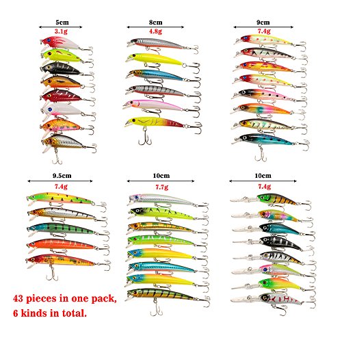 DECDEAL 43pcs Assorted Tamanho Minnow Fly Fishing Lures Pencil Popper Crankbaits Carp Fishing Wobble