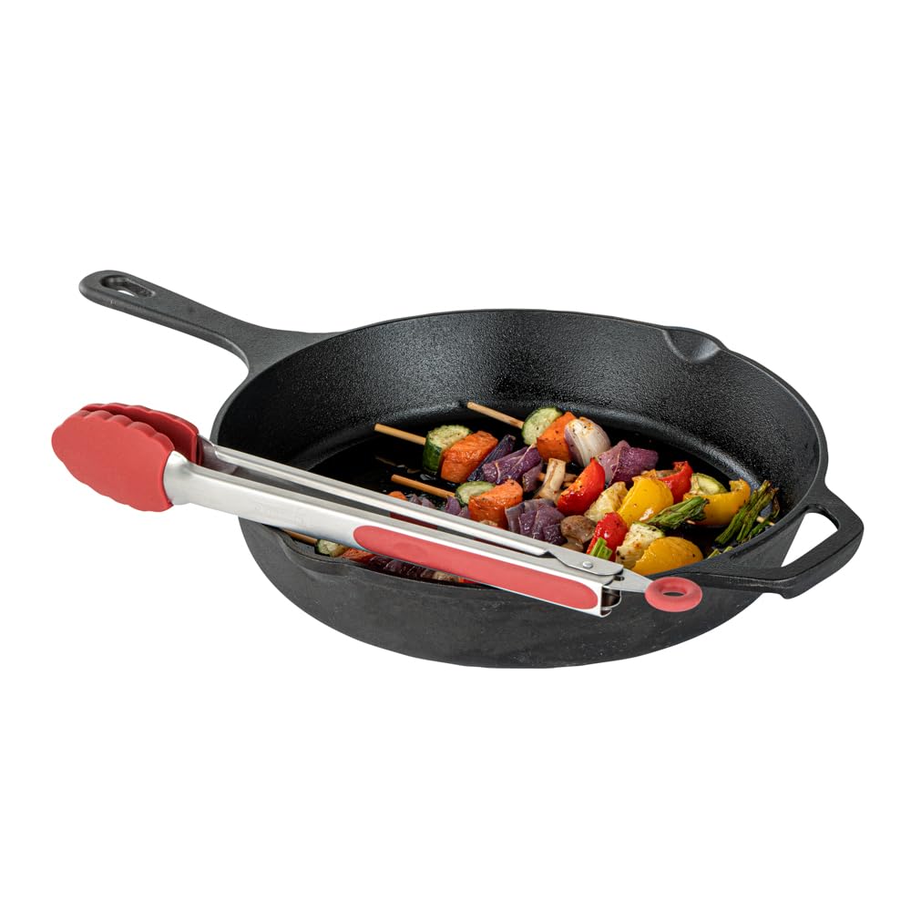 Restaurantware Met Lux 12 Inch Kitchen Tong 1 Durable Food Tong - Scalloped Silicone Head Grip Handle With Thumb Rest Red Stainless steel Tong For Cooking Dishwashable With Easy-Pull Lock