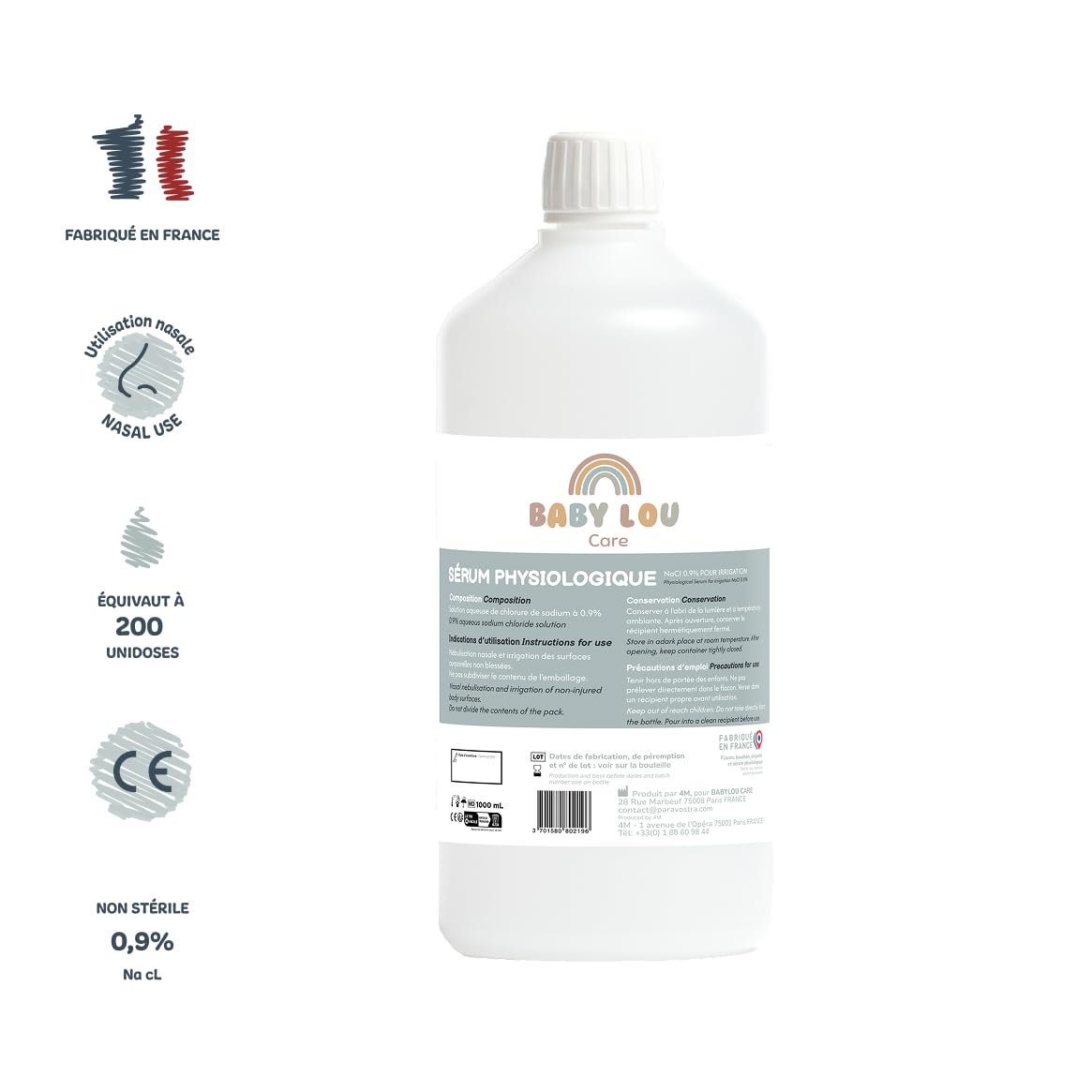 Sérum Physiologique bouteille 2x1L | NaCl 0,9% | Fabriqué en France | Lavage des fosses nasales | Hygiène du nez | Pour irragation externe