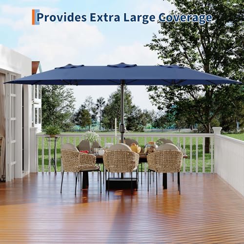 15FT Rectangular Patio Umbrella with Base Included - Large Patio Umbrella with Crank Handle, UV Protection for Outdoor Market, Backyard, Pool - Navy Blue