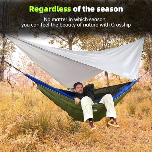 Image of Camping Hammock with Mosquito Net - Portable Parachute Nylon Hammock Tent with Tree Straps, Camp Rope & Stake - for Hiking, Backpacking, Travel, Backyard, Beach - Holds Up to 500lbs (Blue)